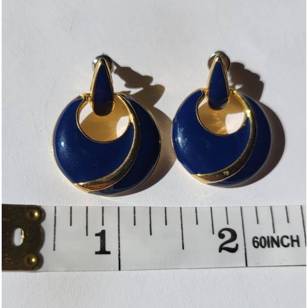 Vintage Gold Tone Navy Blue Enamel Earrings Pierced Clip On - Picture 2 of 7